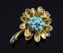 A 1960`s 18ct gold, turquoise and diamond set flowerhead brooch, makers. BR Ld, 1.5in, gross 15.1