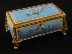 A 19th century French blue enamel and gilt brass rectangular jewellery casket, decorated with floral