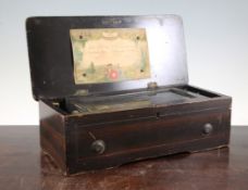 A Victorian rosewood and boxwood strung musical box, with cylinder barrel movement, 15in. Starting