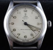 A gentleman`s stainless steel Tudor Oyster Royal wrist watch, with Arabic dial and case back with