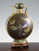 A Minton cloisonne style moon flask, c.1870, decorated in Japanese style with a pheasant on a prunus