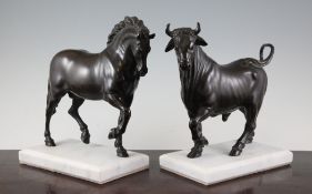 After the Antique. Two bronze models, the first of a bull, on a white marble base, and a similar