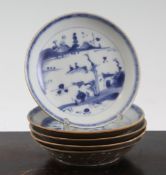 Five Chinese Ca Mau Cargo Batavia ware saucer dishes, c.1725, each painted in underglaze blue with a