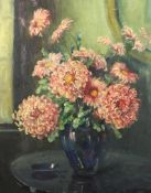 Marion Broom (1878-1962)oil on canvas,Chrysanthemums in a blue vase,signed,30 x 24in. Starting