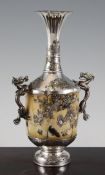 A Japanese silver, enamel and shibayama style twin handled vase, Meiji period, of bottle form, the