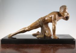 An Art Deco painted spelter figure of an athlete, the polished rectangular slate base signed J.