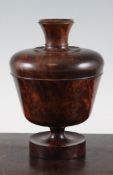 A turned thuya wood pedestal bowl and cover, marks to the base Place D`armes Blidah, 8in. Starting