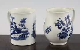 Two Worcester blue printed mugs, c.1775, the first cylindrical decorated with the `La Peche` and `La