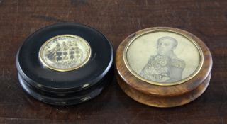 A 19th century thuya wood circular snuff box, the lid with a mezzotint of John VI of Portugal,