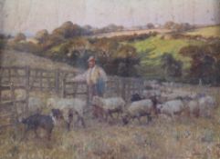 Harold Swanwick (1866-1929)two unstretched oils on canvas,Shepherd and flock at sunset, 18 x 23in.