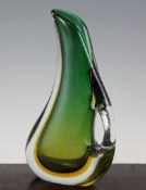 Archimede Seguso - a green and amber cased glass free-form carafe, c.1956, 11.5in. Starting