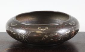 A Chinese inlaid bronze compressed globular censer, 19th century, decorated with reserves of figures