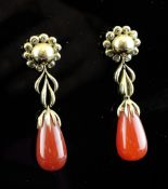 A pair of French 18ct gold and agate drop earrings, of foliate design, 1.75in. Starting Price: £200