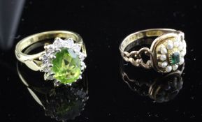 A 1970`s 18ct gold, peridot and diamond oval cluster ring, size F, together with a Victorian 9ct
