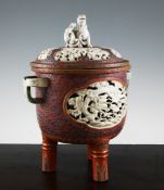 A large Japanese Kutani porcelain koro and cover, the U shaped double walled body decorated with