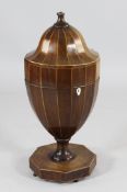 A George III boxwood strung urn shaped knife box, now converted to a work box, on octagonal base and