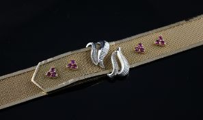 A 1950`s Italian 18ct two colour gold mesh bracelet set with small ruby clusters, 7in, gross 56.9