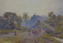 Harold Swanwick (1866-1929)watercolour,Figures on a lane with castle beyond,6.5 x 9.5in. Starting