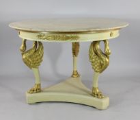 A Continental neo-classical cream painted circular marble top centre table, with gilt swan supports,