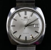 A gentleman`s 1960`s/1970`s stainless steel IWC automatic wrist watch, with baton numerals and