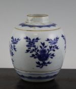 A Chinese blue and white ovoid jar, Kangxi period, painted with sprays of flowers, the neck with