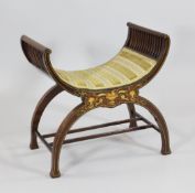 An Edwardian mahogany and marquetry inlaid X frame stool, with part slatted sides and stretcher