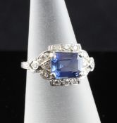 A 1930`s/1940`s platinum, synthetic sapphire and diamond dress ring, with heart shaped pierced