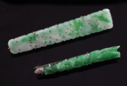 A carved jadeite and diamond set arrow brooch, 2.25in, in Liberty box and one other carved jadeite