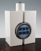 A Troika white glazed cuboid lamp base, decorated by Louise Jinks, with central blue glaze drum