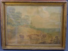Nicholas Pocock (1740–1821)watercolour,Cattle drovers in a landscape,23 x 31.5in. Starting Price: £