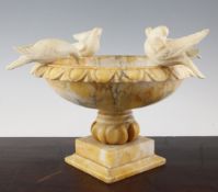 A 19th century alabaster tazza, the egg and dart border with four doves of Pliny, on square