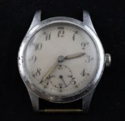 A gentleman`s 1940`s? mid size stainless steel military wrist watch, with Arabic dial and subsidiary