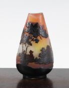 A small Galle cameo etched flattened conical vase, c.1910, decorated with a dusk landscape, etched