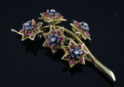 An 18ct gold ruby, sapphire and diamond five star cluster sprig brooch, 2.25in. Starting Price: £