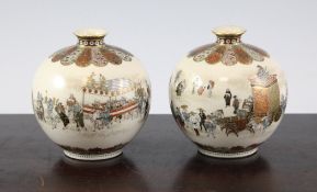 Yabu Meizan. A fine pair of Satsuma pottery globular vases, Meiji period, each finely painted with