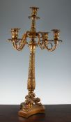 A 19th century French gilt bronze five branch candelabrum, with scrolling branches, stiff leaf
