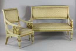 A Continental neo-classical cream painted and parcel gilt three piece suite, comprising a sofa and