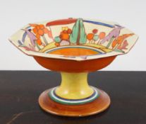 A Clarice Cliff `Trees and House` tazza, of Athens shape 304, in orange colourway, `Fantasque` and