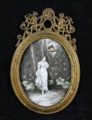 Late 19th century French Schoolenamel on copper,Miniature of a liaison in a park,4.25 x 3.25in.