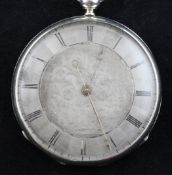 An early 20th century silver keywind pocket watch, with silvered Roman dial, decorated with hound