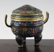 A Chinese cloisonne enamel and bronze mounted censer and cover, Ding, decorated with flowers, leaves