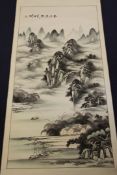 A 20th century Chinese school scroll painting, depicting boats in a mountainous river landscape,