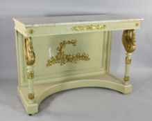 A cream painted Continental neo-classical marble top console table, with gilt swan supports, W.4ft