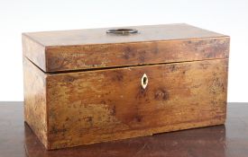 A George III mahogany tea caddy, the lid with geometric inlaid border and foliate brass handle, 9.