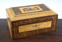 A 19th century Tunbridgeware box, the lid with a panel depicting Battle Abbey, within a parquetry