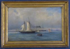 A. Ingelez (19th C.)oil on wooden panel,Cutter, paddle steamer and frigates at sea,signed,10.5 x