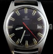 A gentleman`s 1960`s stainless steel Omega wrist watch, with mauve coloured dial and baton