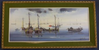 Jorge Aguilaroil on canvas,Fishing boats on a calm sea,signed,18 x 42in. Starting Price: £160