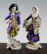 A pair of Continental porcelain figures of street peddlers, early 20th century, the gentlemen