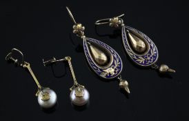 A pair of 19th century gold and blue enamel drop earrings, of tear shape and a pair of 9ct gold drop